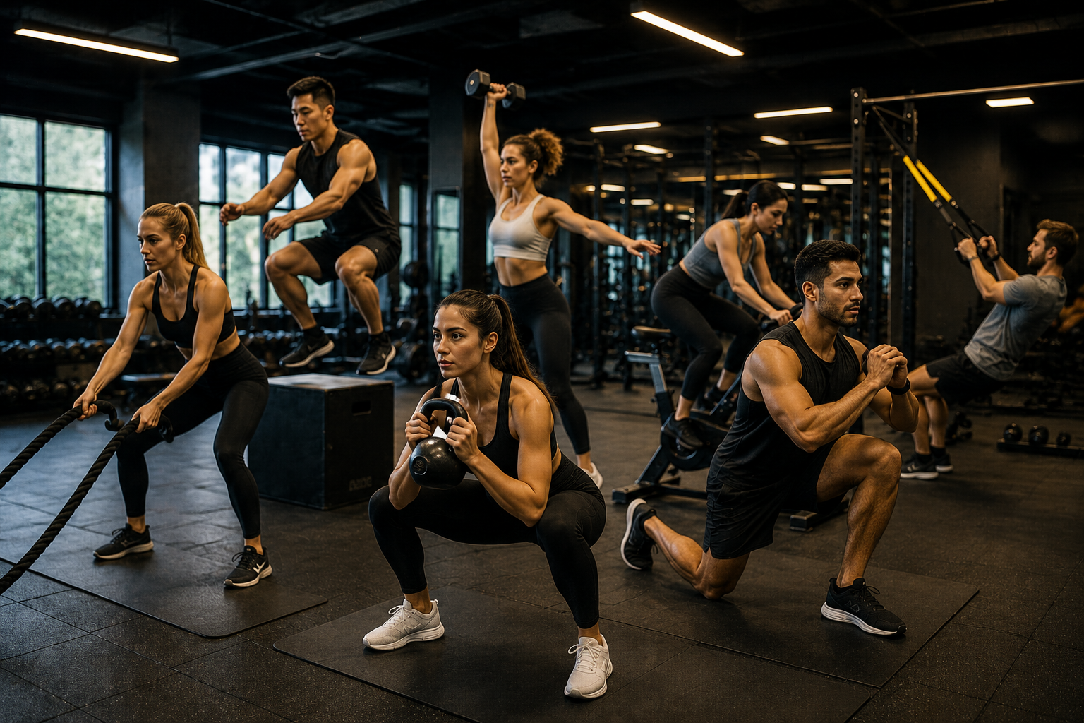 Group fitness class with members performing strength and cardio exercises at EliteCore Fitness Bangalore